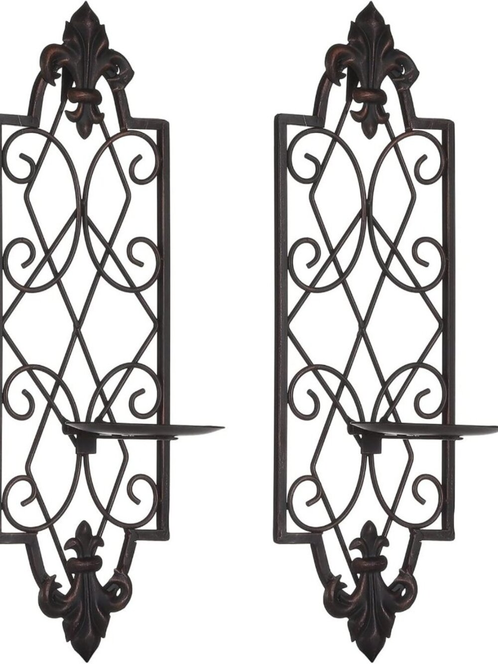 Set of 2 Elegant Metal Wall Sconce Candle Holders with Fleur De Lis Design